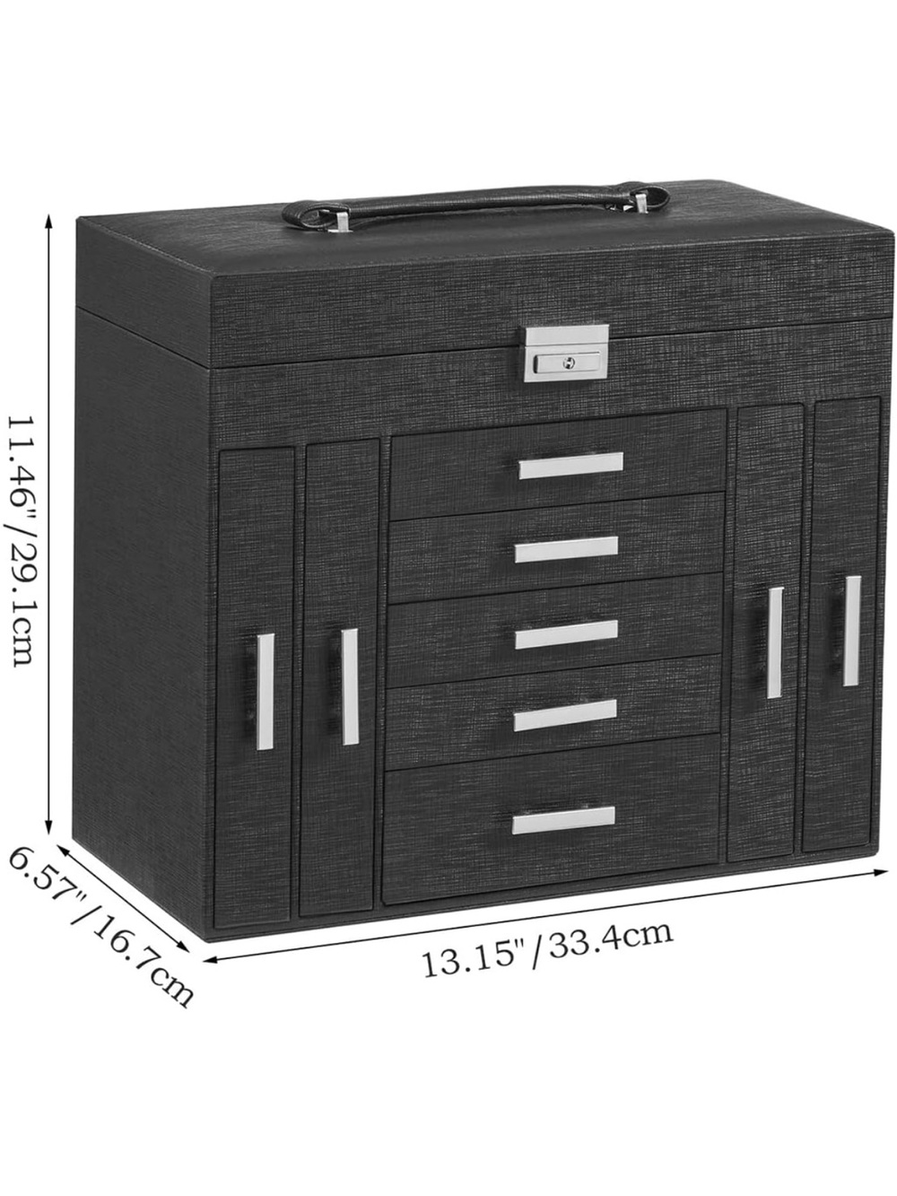 Black Jewelry Storage Chest with Drawers and Lock